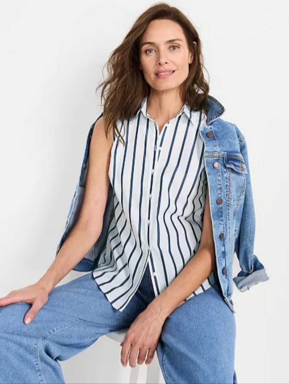 Lands' End Iron Free Stripe Sleeveless White Button Down Top Sz 2X